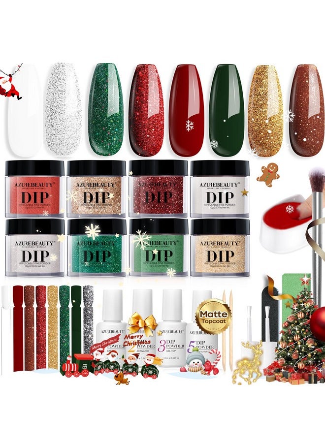 AZUREBEAUTY AZUREBEAUTY 30Pcs Dip Powder Nail Kit Starter, 8 Colors Green Red Gold Silver White with Nail Sticks, Nail Art Liquid Set with Matte/Base/Top Coat Activator for French Manicur  - Image 1