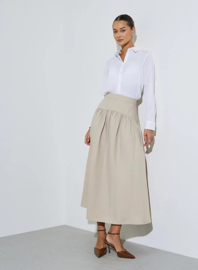 ستايلي Cream Gathered Flared Midi Skirt with Yoke and Side Seam
