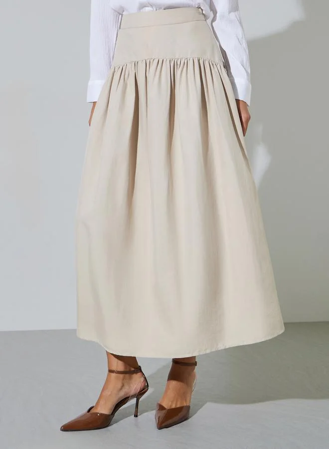 ستايلي Cream Gathered Flared Midi Skirt with Yoke and Side Seam