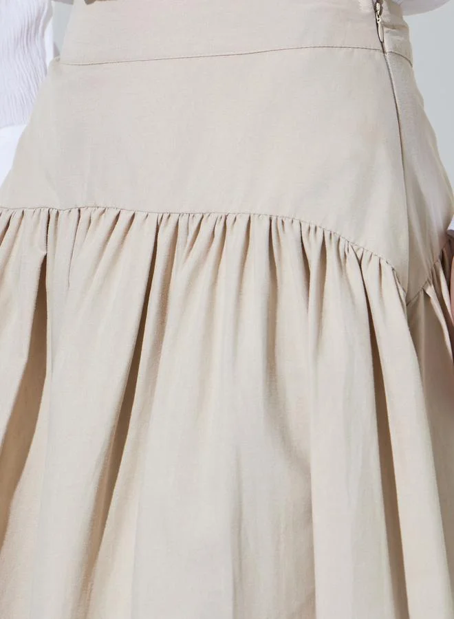 Styli  Cream Gathered Flared Midi Skirt with Yoke and Side Seam for Women | Best Price UAE