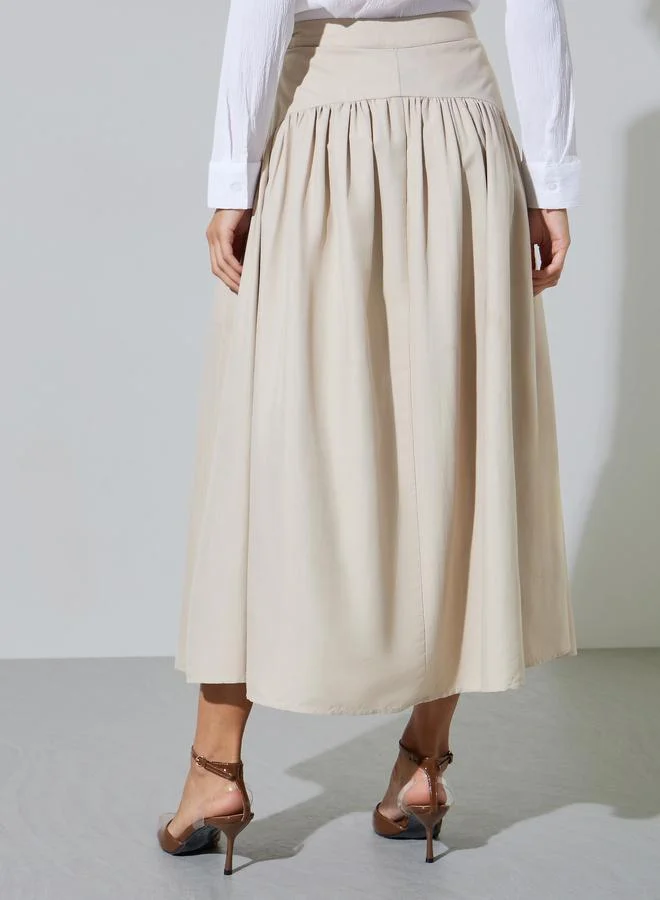 Styli  Cream Gathered Flared Midi Skirt with Yoke and Side Seam for Women | Best Price UAE