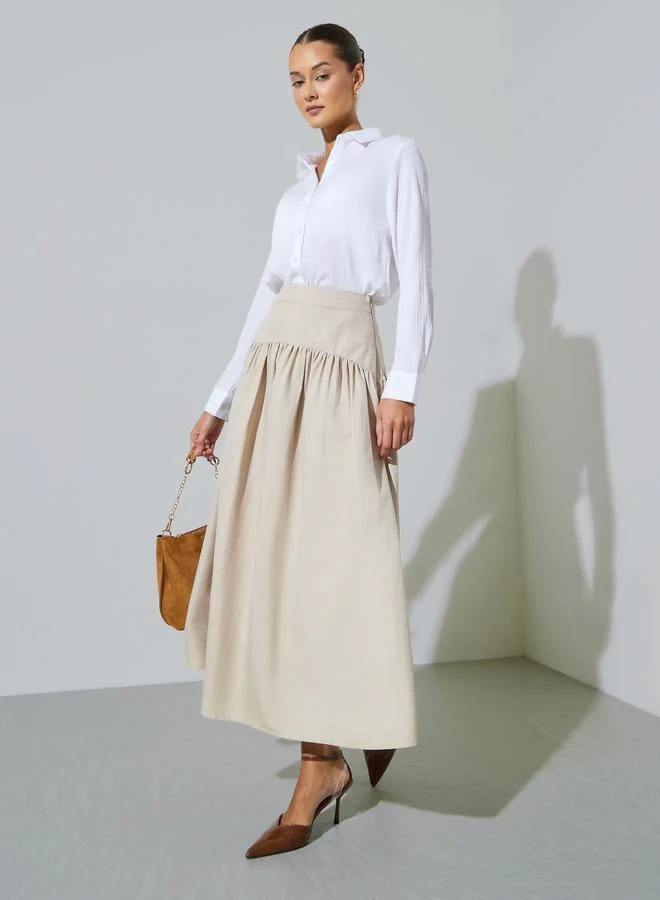 Styli  Cream Gathered Flared Midi Skirt with Yoke and Side Seam for Women | Best Price UAE