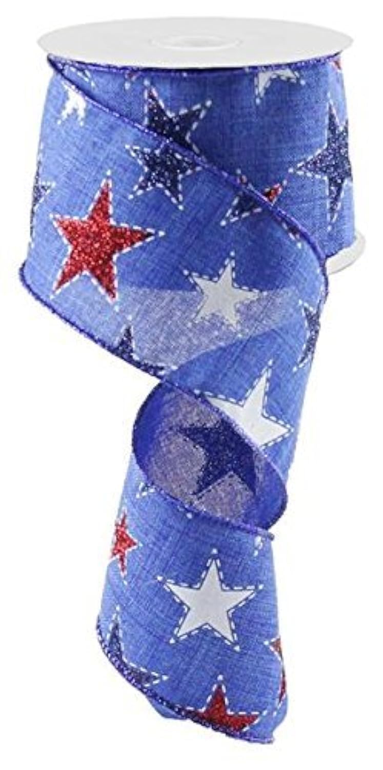 Expressions Dashed Glitter Stars Wired Edge Ribbon 10 Yards Royal Blue 25