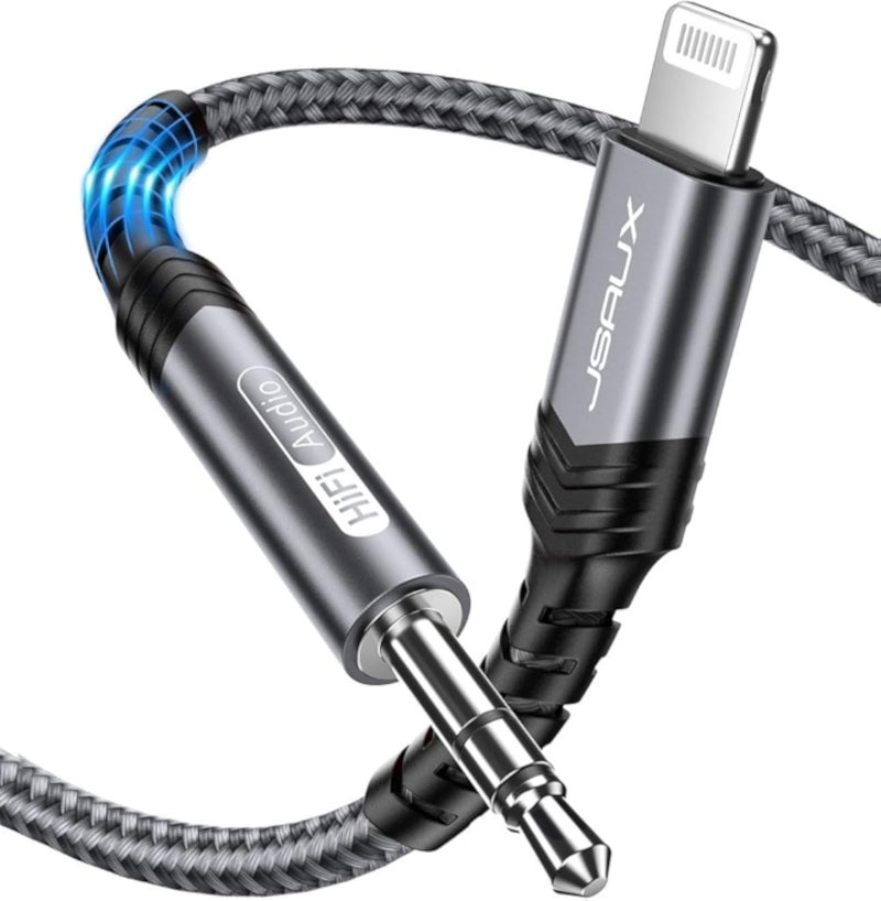 JSAUX iPhone Aux Cable 1.8M [Apple Mfi Certified] Lightning to 3.5mm Headphone Jack Audio Cable, Nylon Braided, Compatible With iPhone 12/12 Mini/12 Pro/11/X/XR/8/7 - Grey