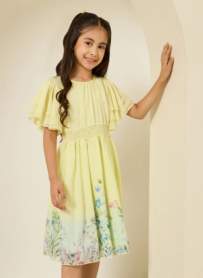 Styli Girls Yellow Floral Print A-Line Knee-Length Dress