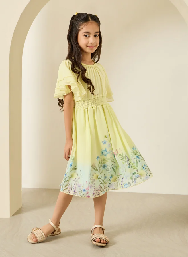 Styli Girls Yellow Floral Print A-Line Knee-Length Dress