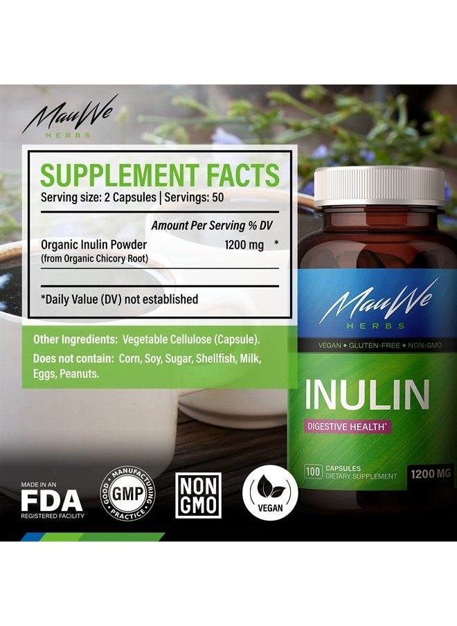MAUWE HERBS - Inulin Capsules - Organic Chicory Root Powdered Supplement - May Promote Digestive Function, Gut Health, Weight Management - Stomach Support Rich in Dietary Fiber, Prebiotics - 100 Caps - Image 1