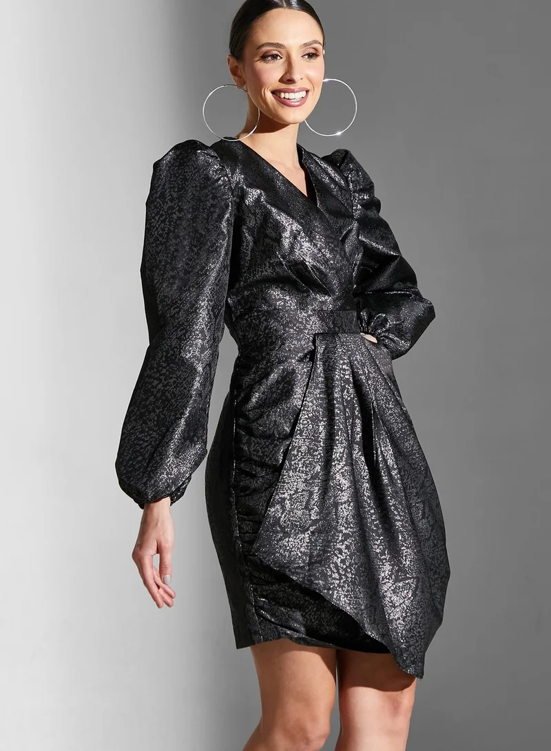 Chi-Chi London Surplice Neck Tiered Puff Sleeve Dress
