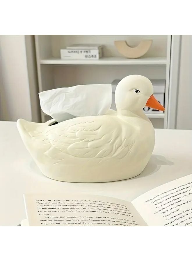 صندوق مناديل من الراتنج على شكل بطة أبيض مع منقار برتقالي ديكور منزلي مصنوع يدويًا - Image 1