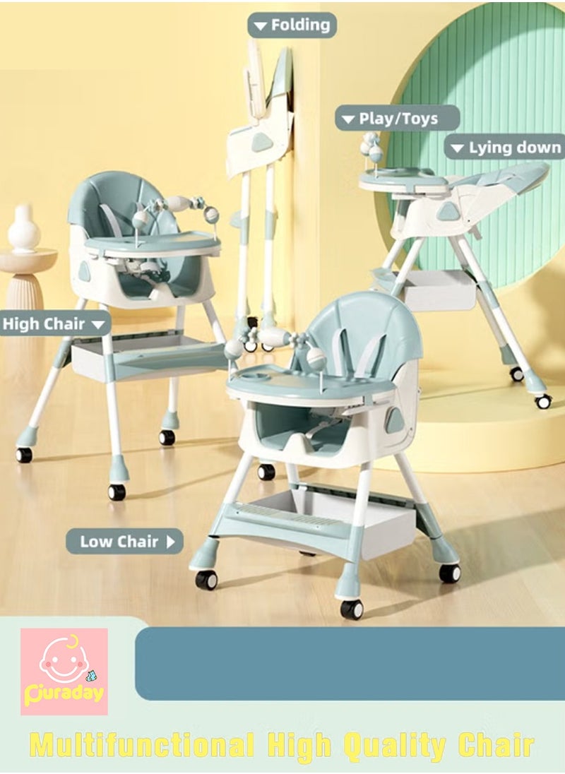 PURADAY Baby High Chair for Toddlers, Foldable Children Highchairs, Dining Booster Seats with Adjustable Seat Height & Backrest, 4 Wheels and Removable Tray  - Image 1
