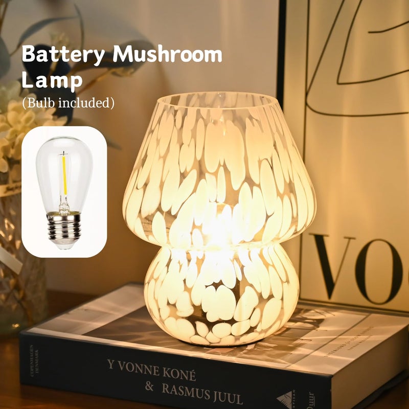 AOMOONOA Mushroom Lamp Small Bedside Table Lamp, Battery Operated Mushroom Desk Lamps with LED Bulb, Translucent Glass White Cordless Lamp for Bedroom Nightstand Living Room - Image 2