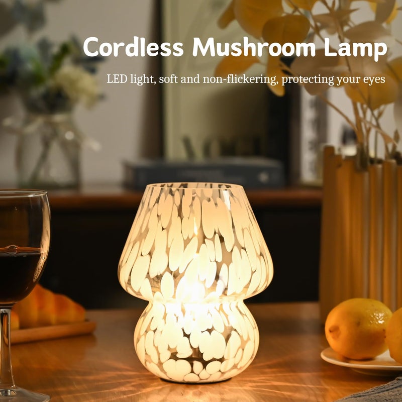 AOMOONOA Mushroom Lamp Small Bedside Table Lamp, Battery Operated Mushroom Desk Lamps with LED Bulb, Translucent Glass White Cordless Lamp for Bedroom Nightstand Living Room - Image 3