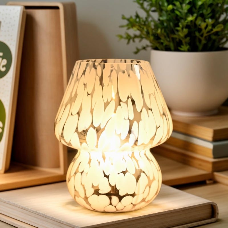 AOMOONOA Mushroom Lamp Small Bedside Table Lamp, Battery Operated Mushroom Desk Lamps with LED Bulb, Translucent Glass White Cordless Lamp for Bedroom Nightstand Living Room - Image 1