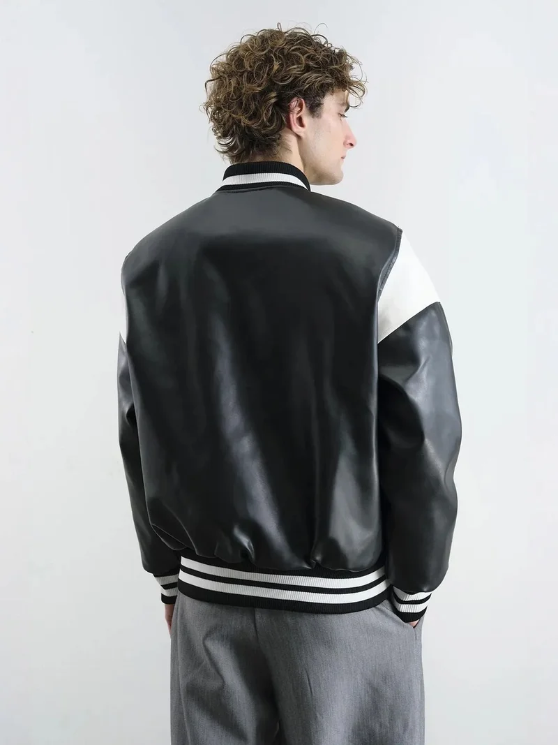 Giesto Black GIESTO Color Blocked Faux Leather Bomber Jacket for Men | Best Price UAE