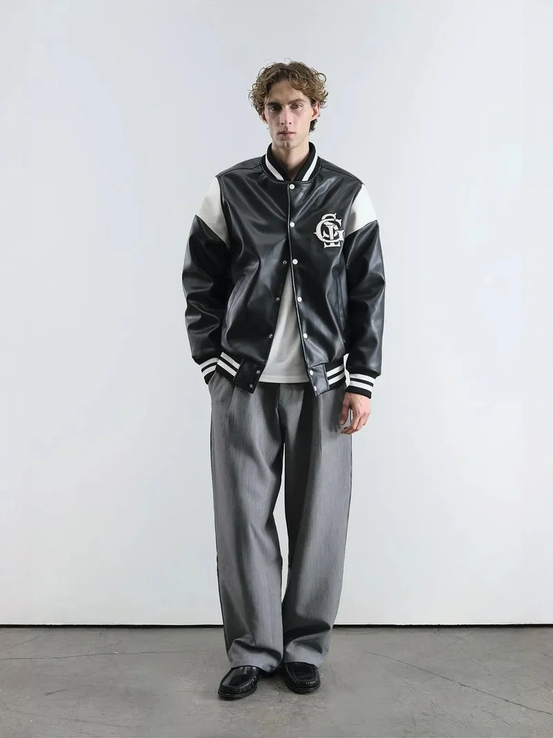 جيستو GIESTO Color Blocked Faux Leather Bomber Jacket