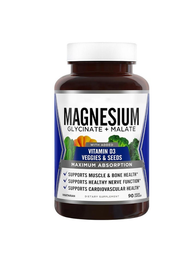 Magnesium Glycinate Magnesium Complex –Magnesium Glycinate & Malate w/Vitamin D3, 100% Chelated for Max Absorption, Vegetarian – Bone Health, Nerves, Muscles, 120 Capsules, 60 Days - Image 1