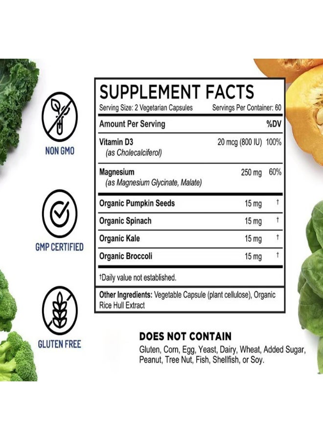 Magnesium Glycinate Magnesium Complex –Magnesium Glycinate & Malate w/Vitamin D3, 100% Chelated for Max Absorption, Vegetarian – Bone Health, Nerves, Muscles, 120 Capsules, 60 Days - Image 4