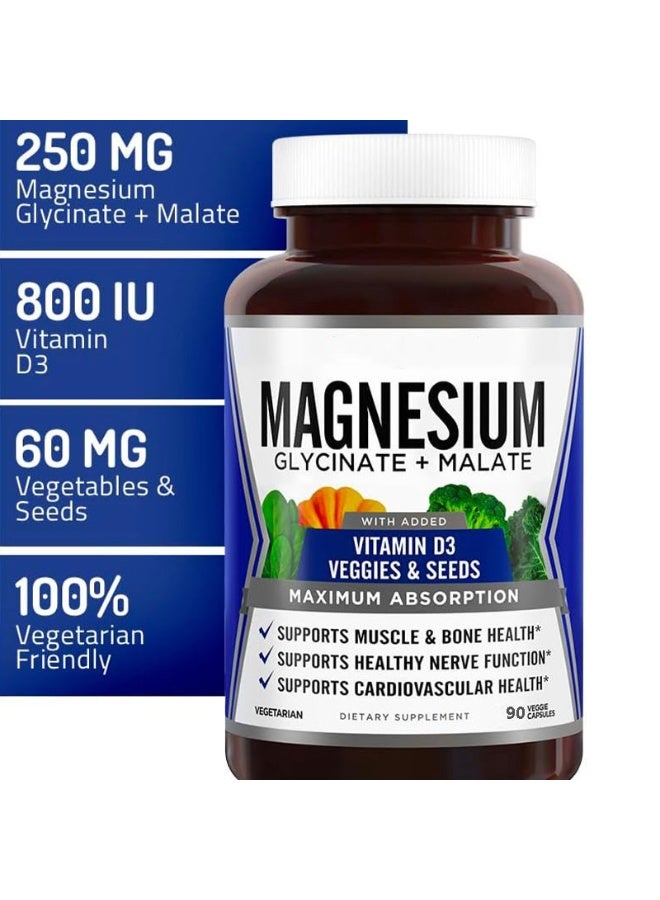 Magnesium Glycinate Magnesium Complex –Magnesium Glycinate & Malate w/Vitamin D3, 100% Chelated for Max Absorption, Vegetarian – Bone Health, Nerves, Muscles, 120 Capsules, 60 Days - Image 3