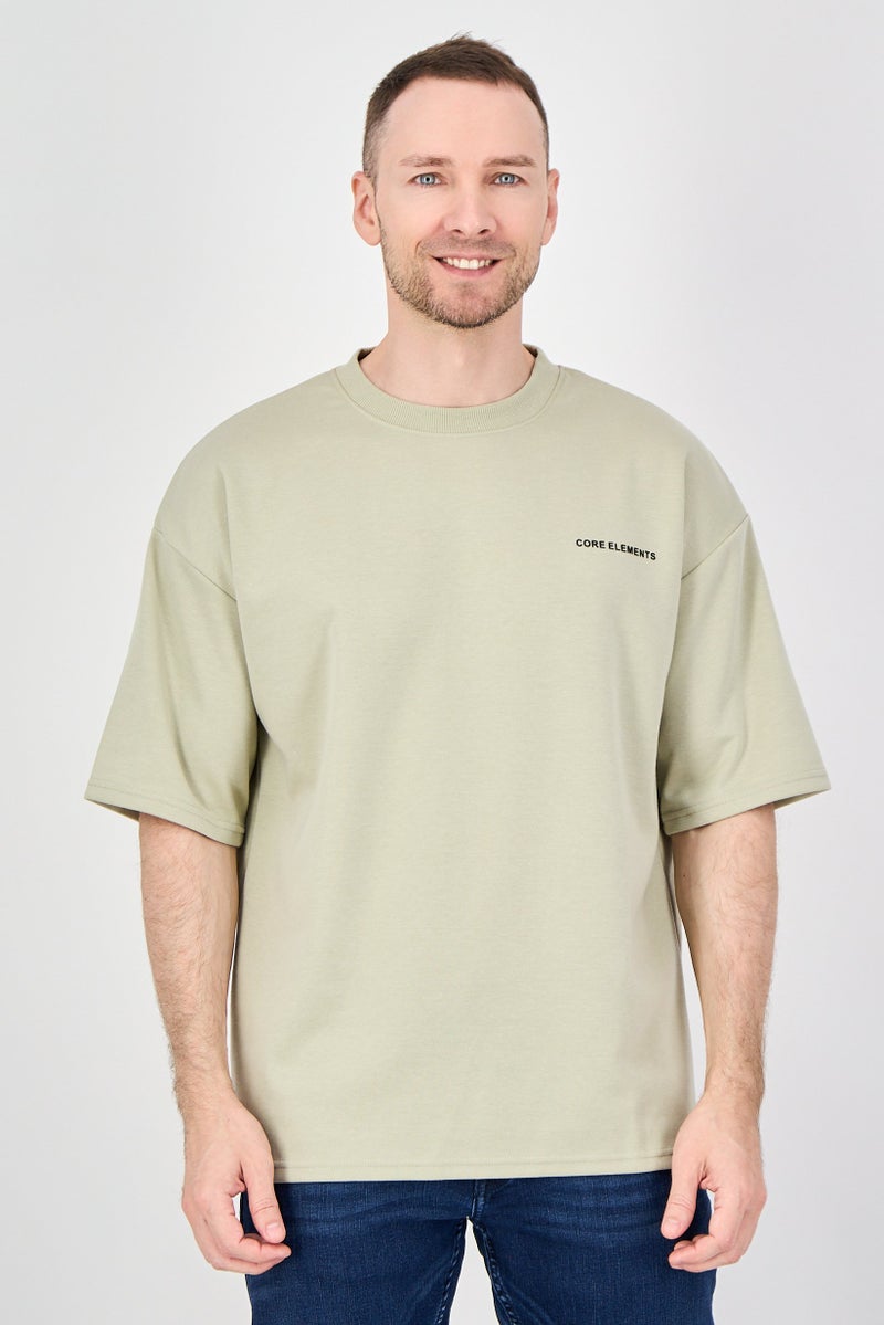 Core Elements Men Crew Neck Brand Logo Short Sleeve T-Shirt, Light Olive - Image 1