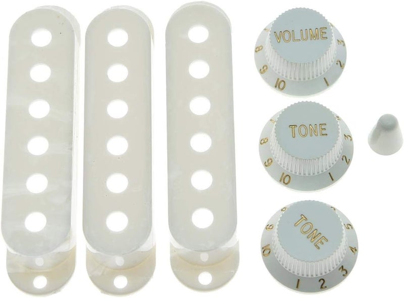 KAISH White ST Strat Pickup Covers Knobs and 5 Way Switch Tip Cap - Image 1