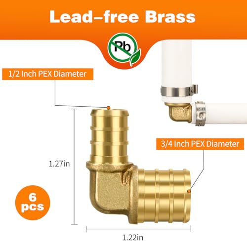 PXZBLG 6 Pack PEX 3/4" × 1/2" Elbow Fittings, Brass Crimp for PEX Pipe in Plumbing Jobs - Image 2