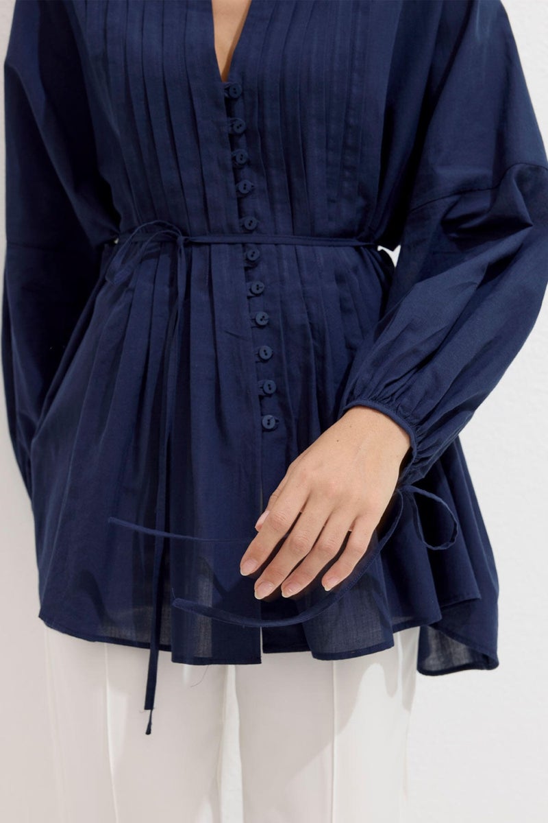Manuka Ribbed Detail Voile Tunic Navy Blue  - Image 3
