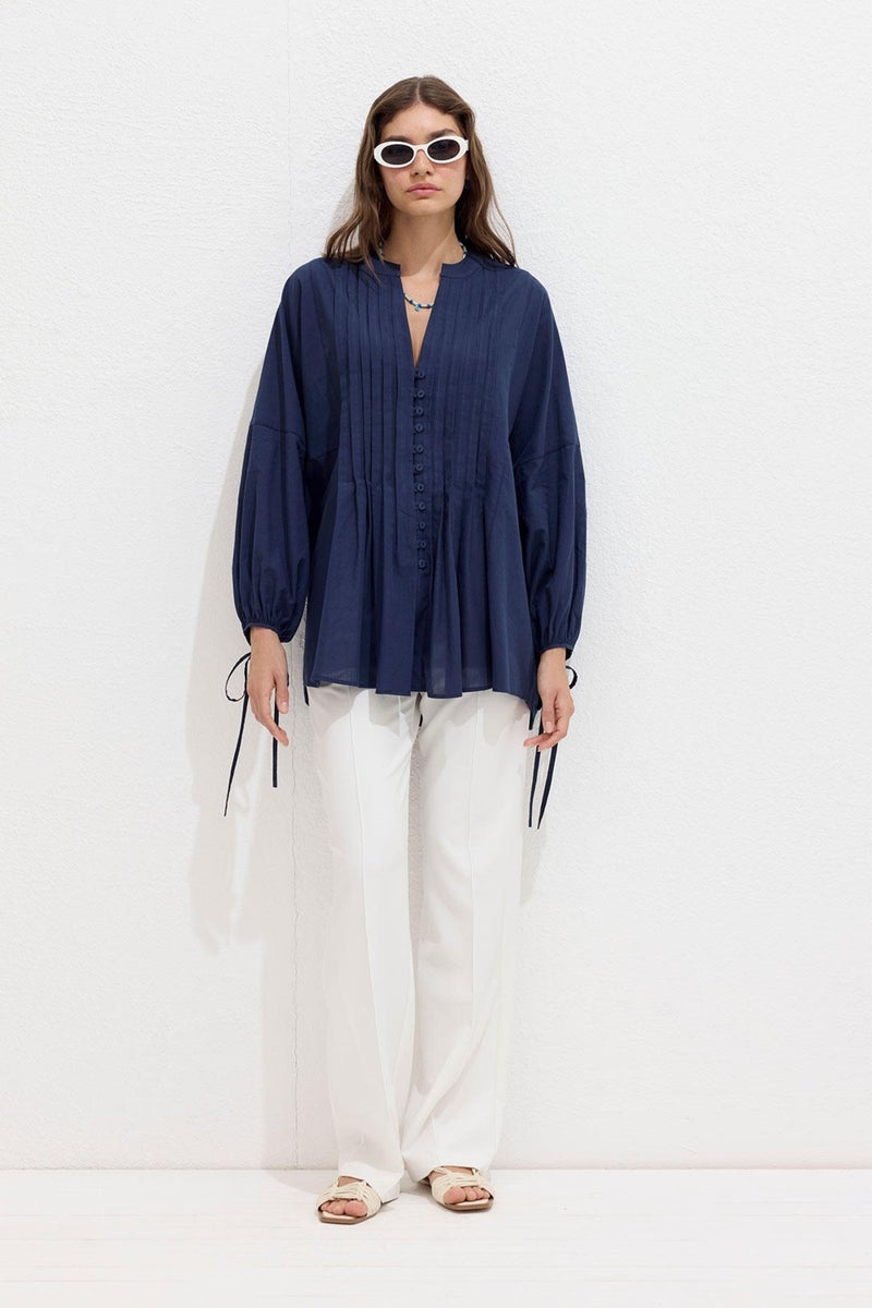 Manuka Ribbed Detail Voile Tunic Navy Blue  - Image 2