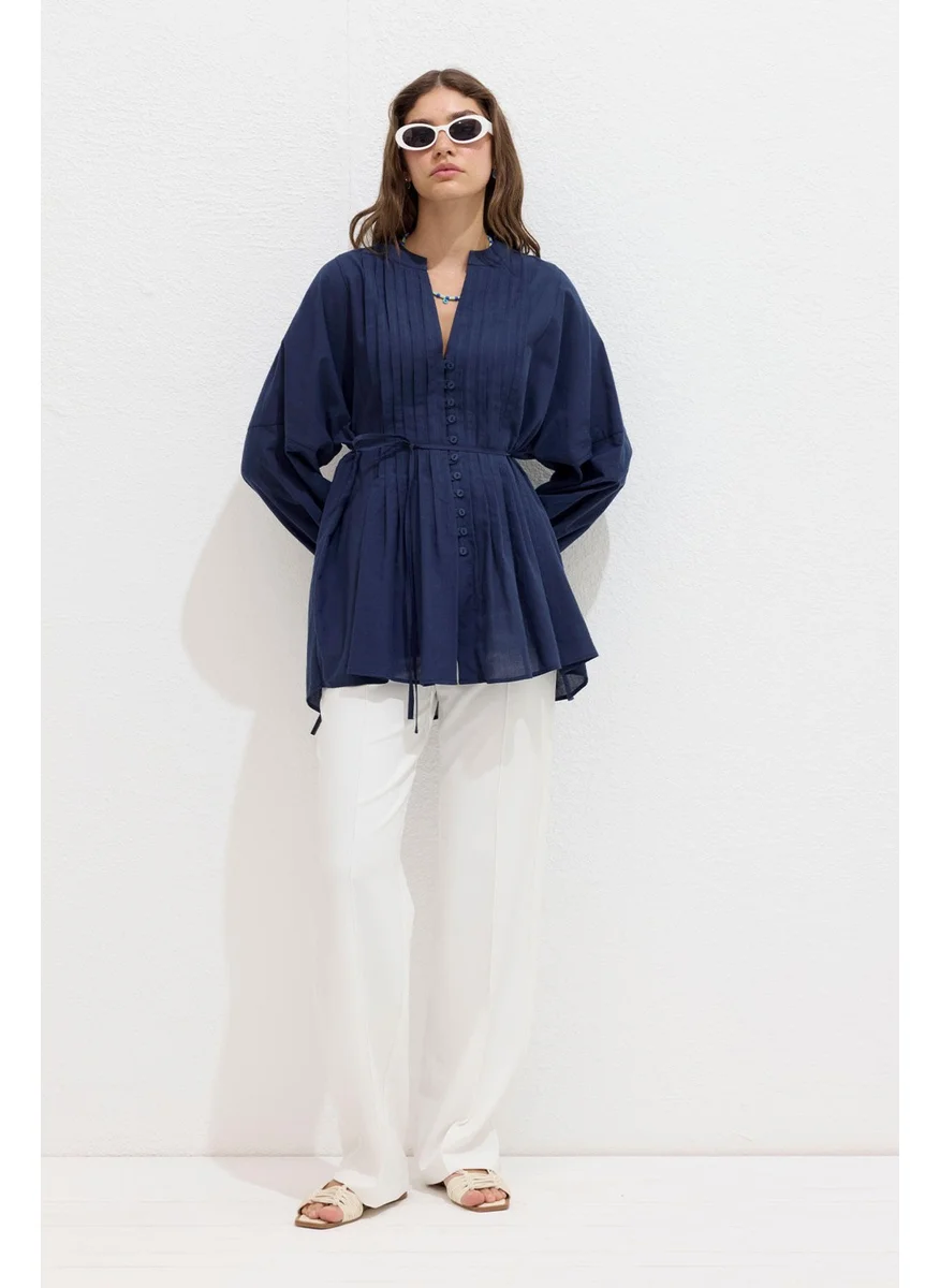 مانوكا Ribbed Detail Voile Tunic Navy Blue