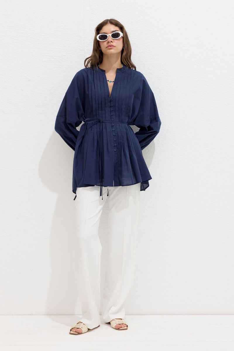 Manuka Ribbed Detail Voile Tunic Navy Blue  - Image 1