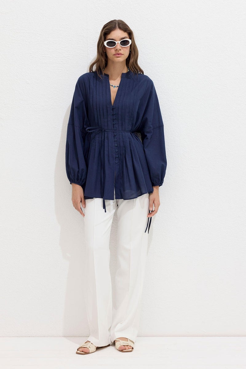 Manuka Ribbed Detail Voile Tunic Navy Blue  - Image 5