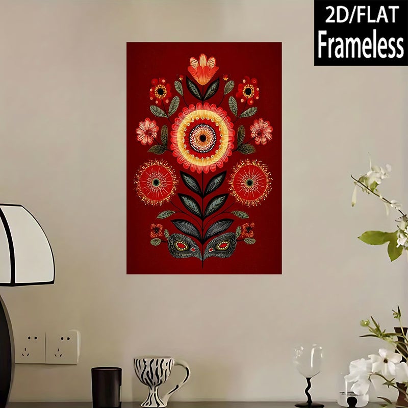 رسم زهور زخرفي، خلفية حمراء كلاسيكية، طباعة مسطحة على قماش كانفاس، مقاس 24 × 32 بوصة (60 × 80 سم)، قطعة واحدة بدون إطار - Image 4