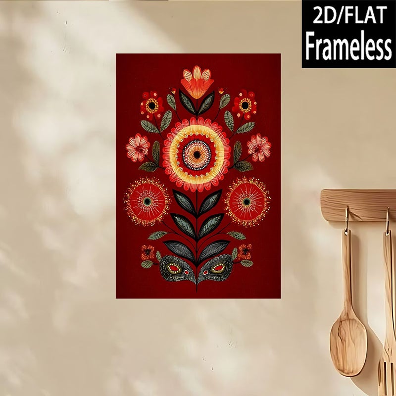 رسم زهور زخرفي، خلفية حمراء كلاسيكية، طباعة مسطحة على قماش كانفاس، مقاس 24 × 32 بوصة (60 × 80 سم)، قطعة واحدة بدون إطار - Image 3