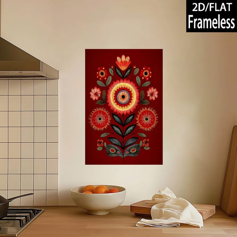 رسم زهور زخرفي، خلفية حمراء كلاسيكية، طباعة مسطحة على قماش كانفاس، مقاس 24 × 32 بوصة (60 × 80 سم)، قطعة واحدة بدون إطار - Image 2