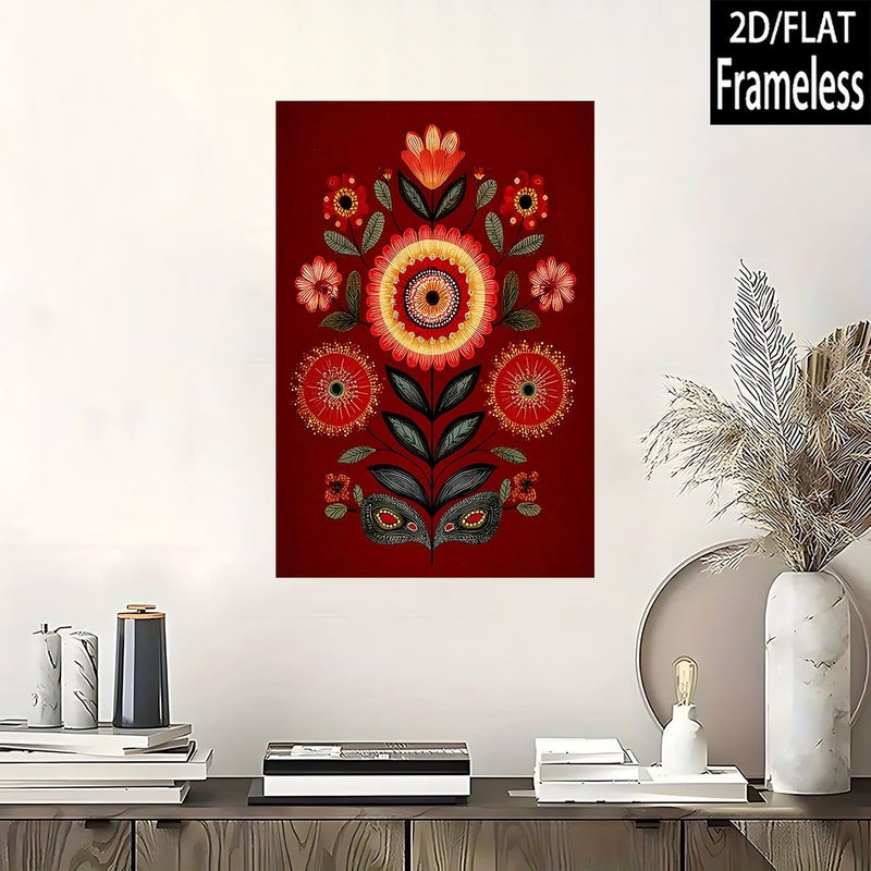 رسم زهور زخرفي، خلفية حمراء كلاسيكية، طباعة مسطحة على قماش كانفاس، مقاس 24 × 32 بوصة (60 × 80 سم)، قطعة واحدة بدون إطار - Image 5