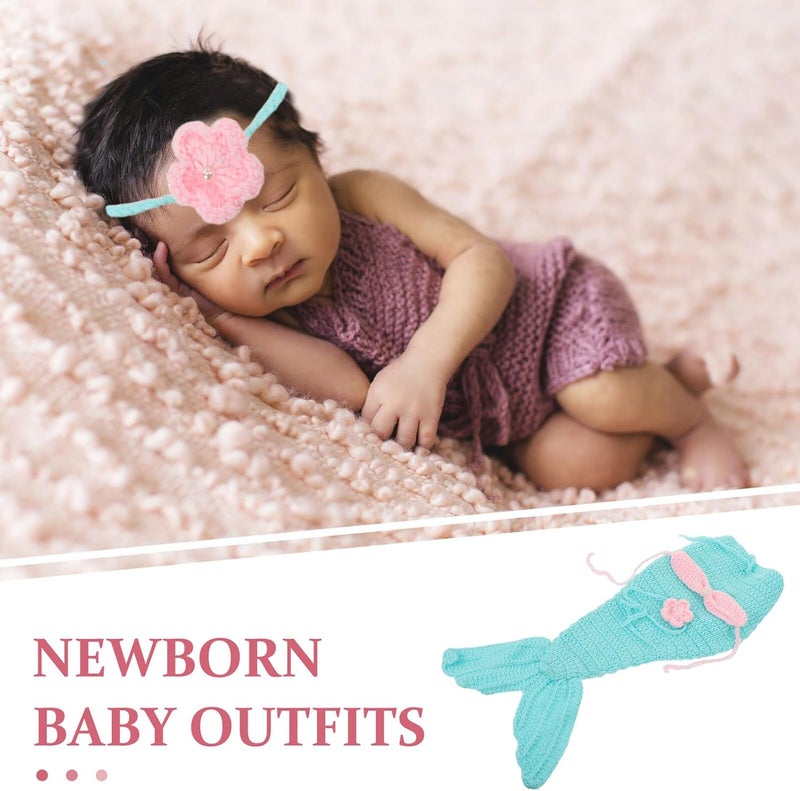 Newborn Photography Prop Crochet Mermaid Tail and Headband Set for Girl Photoshoot Green Handmade Photo Props - Image 3