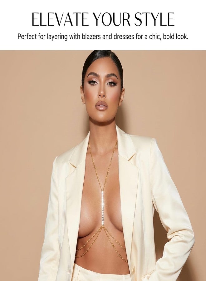 Bmpzery Gold Rhinestone Body Chain for Women - Chest Chain Crystal Bikini-Style Body Necklace, Sparkly Bra Waist Jewelry for Summer Beach Festival Party Fashion Accessories - Image 5