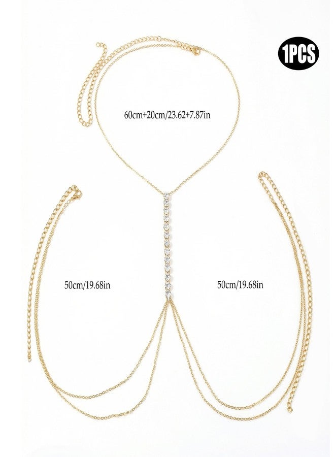 Bmpzery Gold Rhinestone Body Chain for Women - Chest Chain Crystal Bikini-Style Body Necklace, Sparkly Bra Waist Jewelry for Summer Beach Festival Party Fashion Accessories - Image 2