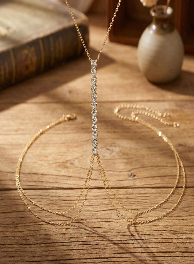 Bmpzery Gold Rhinestone Body Chain for Women - Chest Chain Crystal Bikini-Style Body Necklace, Sparkly Bra Waist Jewelry for Summer Beach Festival Party Fashion Accessories - Image 3