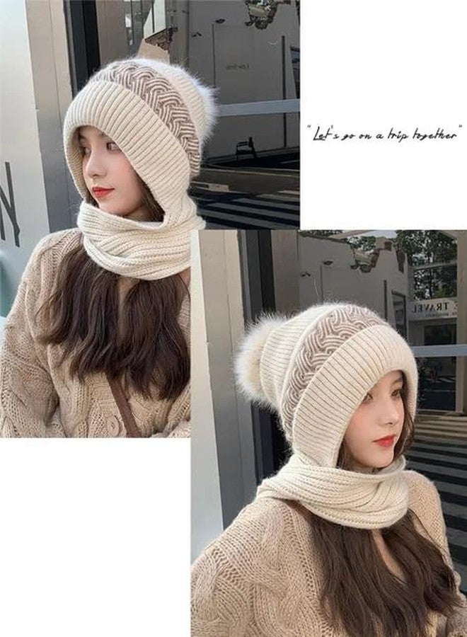 CAPICHINO Women's Knitted Hat Winter Plush Velvet Warm Woolen Cap Neck Scarf | Twist Color Fuzzy Slouchy Beanie Monkey Cap with Muffler for Ski Hiking Outdoor Girls & Ladies(Beige) - Image 4