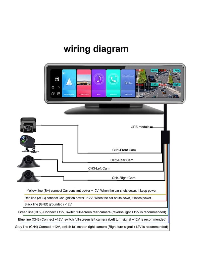 Night Vision 4 Cam Record Smart Mirror Car DVR 24H Parking Monitor 12'' Android Touch Screen Car Video Recorder