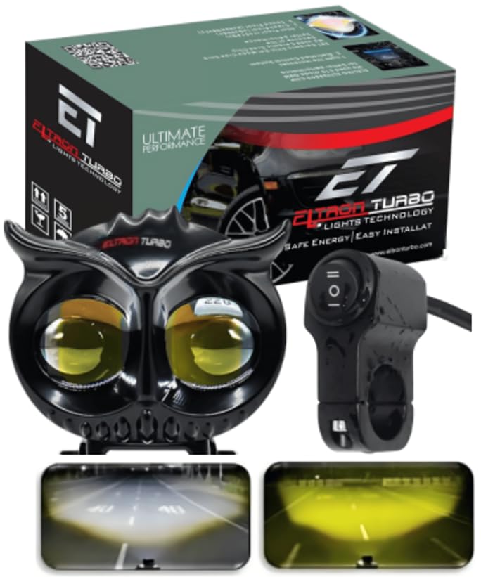 ELTRON TURBO 3 Month Warranty Owl Shape Imported Fog LED Light 12V-24V 55W Dc, Aluminium Material Yellow And White Beam Off-Roading Universal For All Motorcycle, Scooty, Car (Pack Of 1 With Switch) - Image 1