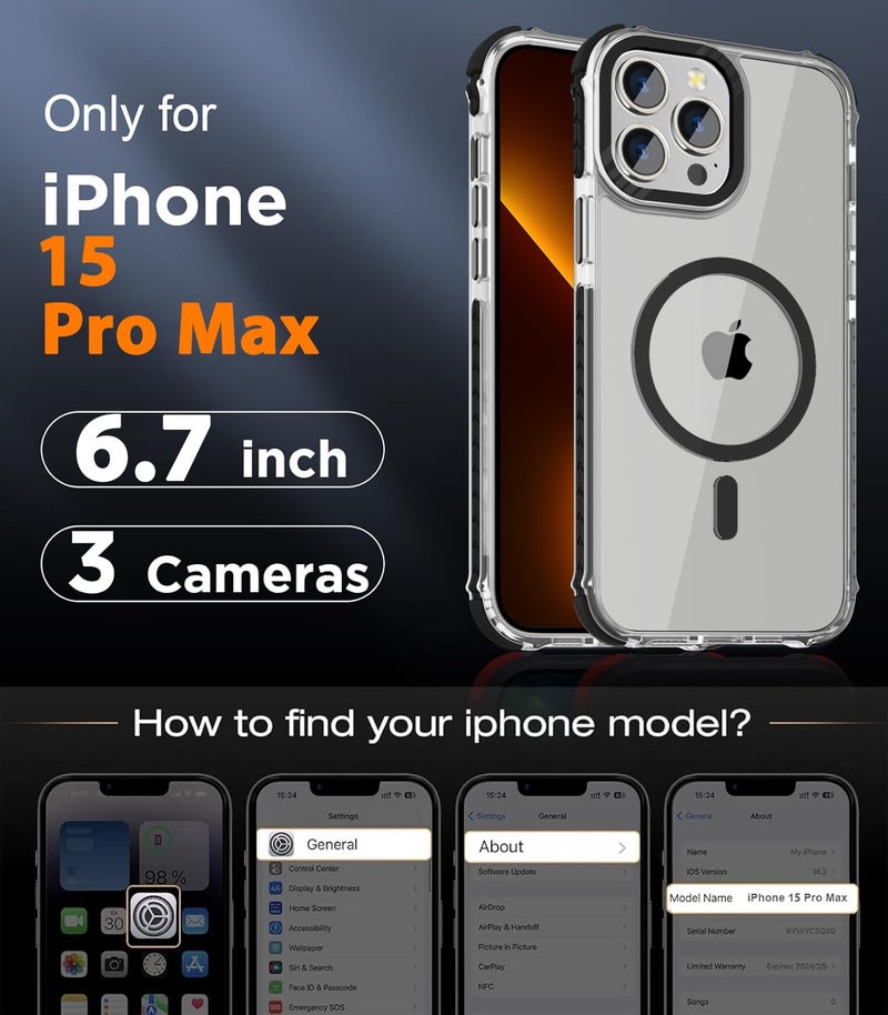DEERLAMN Strong Magnetic Case for iPhone 15 Pro Max 6.7-Inch,[Compatible with Magsafe][Military Grade Drop Protection] Clear Slim Shockproof Protective Phone Cover-Transparent+Black - Image 2