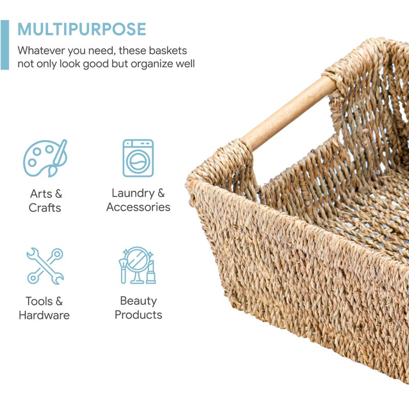 VATIMA Natural Seagrass Storage Basket With Handle  Rectangular Wicker Basket For Organizing  Decorative Wicker Storage Basket For Living Room  Medium Wicker Basket 13.4 X 9.3 X 4.9 Inches - Image 2