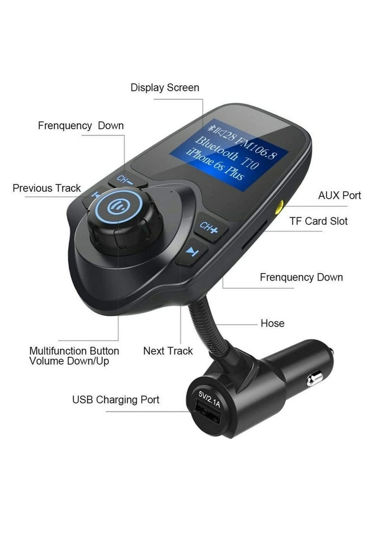 Ntech Bluetooth FM Transmitter car Radio adapter hands-Free Kit With Dual USB Built-in Microphone Support TF/Micro SD card A2DP MP3/ Format Songs AUX T10 (Black)  - Image 3