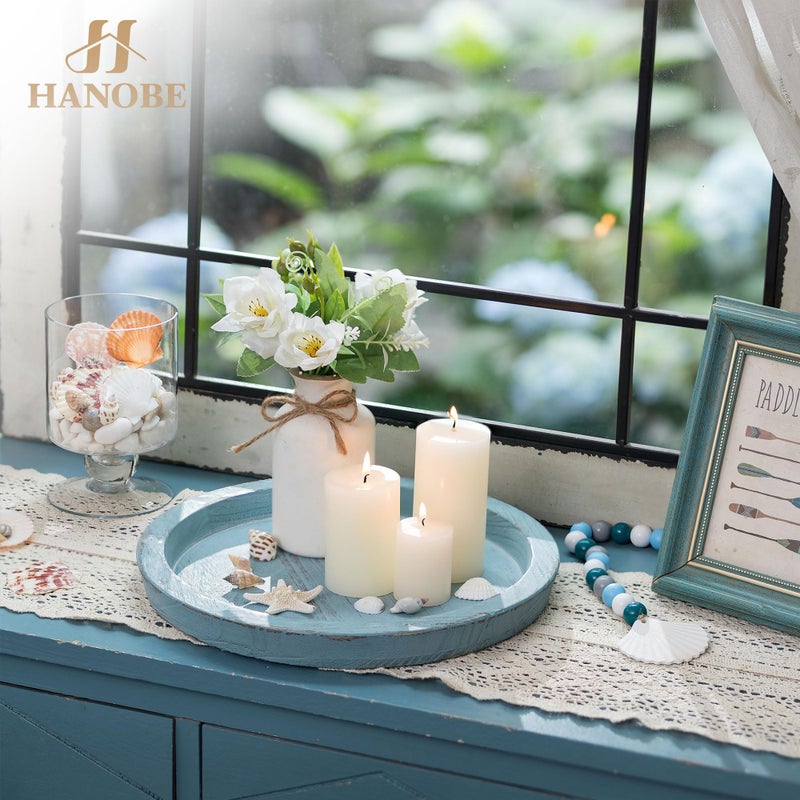 Hanobe Beach Decor Decorative Tray: Farmhouse Coastal Tray for Nautical Themed Decorations Coffee Table - Round Wooden Trays Ocean Style for Bathroom Countertop Centerpiece Rustic Blue - Image 4