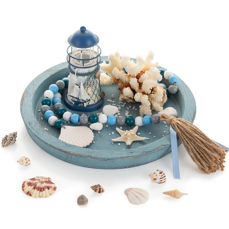Hanobe Beach Decor Decorative Tray: Farmhouse Coastal Tray for Nautical Themed Decorations Coffee Table - Round Wooden Trays Ocean Style for Bathroom Countertop Centerpiece Rustic Blue - Image 1