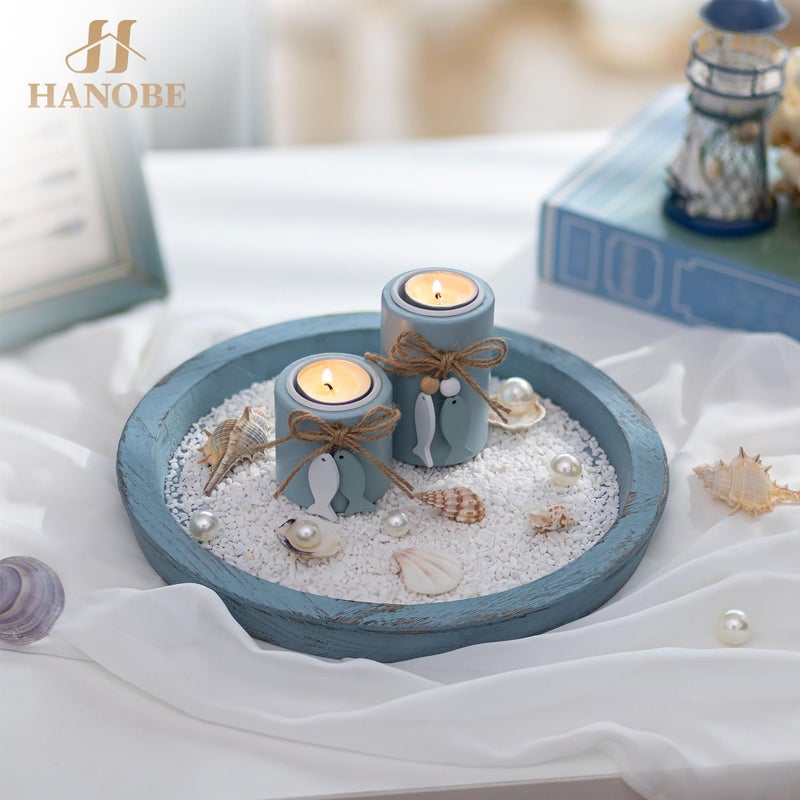 Hanobe Beach Decor Decorative Tray: Farmhouse Coastal Tray for Nautical Themed Decorations Coffee Table - Round Wooden Trays Ocean Style for Bathroom Countertop Centerpiece Rustic Blue - Image 3