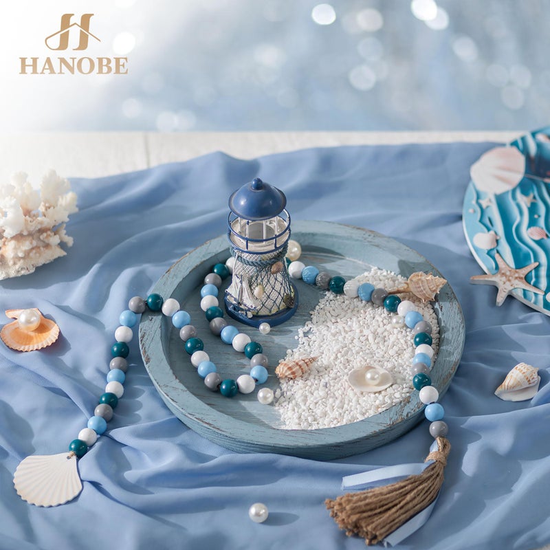 Hanobe Beach Decor Decorative Tray: Farmhouse Coastal Tray for Nautical Themed Decorations Coffee Table - Round Wooden Trays Ocean Style for Bathroom Countertop Centerpiece Rustic Blue - Image 2