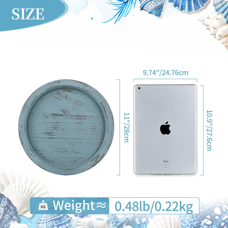 Hanobe Beach Decor Decorative Tray: Farmhouse Coastal Tray for Nautical Themed Decorations Coffee Table - Round Wooden Trays Ocean Style for Bathroom Countertop Centerpiece Rustic Blue - Image 5