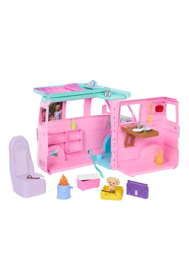 Barbie Dream Land Road Trip Camper with 4 Areas of Play, Kitchen, Rooftop Bed, Marshmallow Roasters, Firepit, Puppy & 20 Accessories​​​